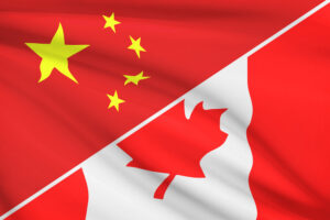 Series of ruffled flags. China and Canada.